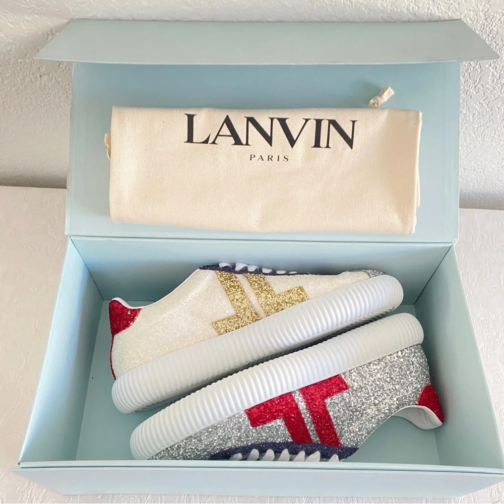 LANVIN GLEN LOW TOP SNEAKERS - SILVER/RED